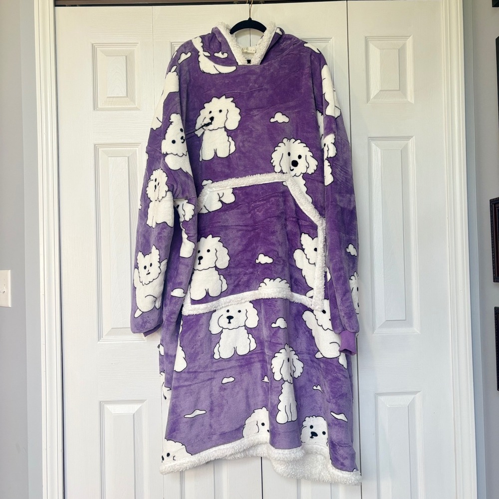 IFNOW Purple Poodle Print Wearable Blanket‎ Hoodie Sherpa Lined Oversized Lounge